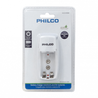 CARGADOR-9V PHILCO Cargador para 1 Batería 9V (20mA) o 2 Pilas AA/AAA (130mA) Pilas No Incluidas