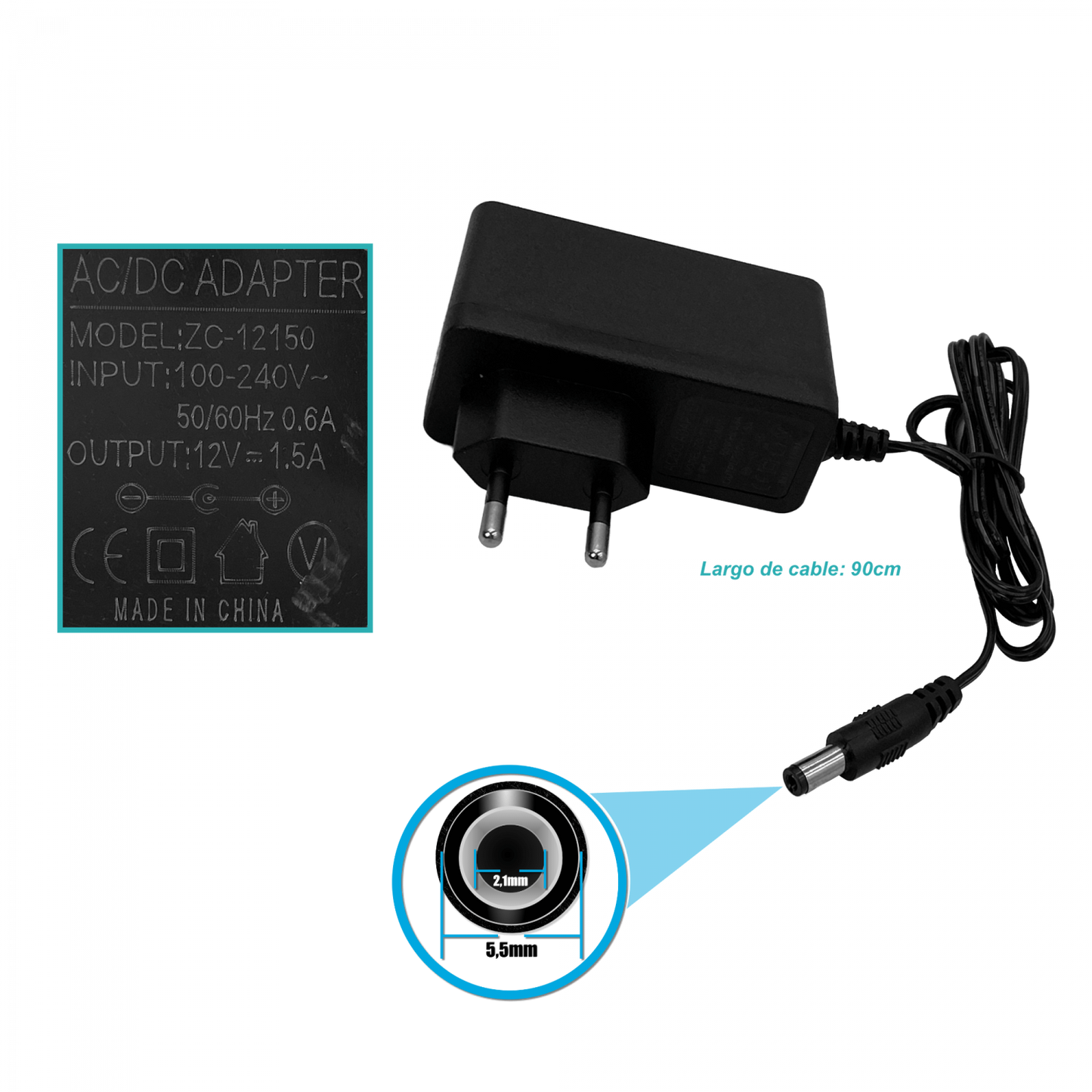 FONU-C 1-Cable-85cm Plug-5,5x2,5mm 12V 1,5A 18W Plastic interior Fuente Poder