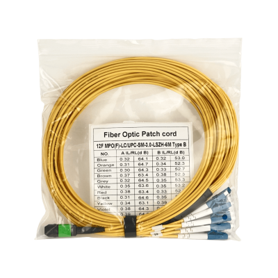 JFSLM6 Cable Jumper de Fibra Óptica Monomodo 9/125um, 6 metros totales, 12 LC de 1.5m y 1 MPO de 4.5m