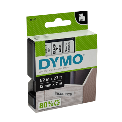 45013 Casete de etiquetas DYMO D1 de 12 mm con texto negro sobre base blanca y longitud de cinta de 7 metros