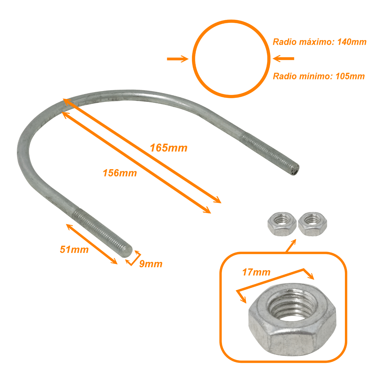 UDN-12 Abrazadera 105-140mm Diametro Poste Tubo c/2-tuercas-17mm req/pletina