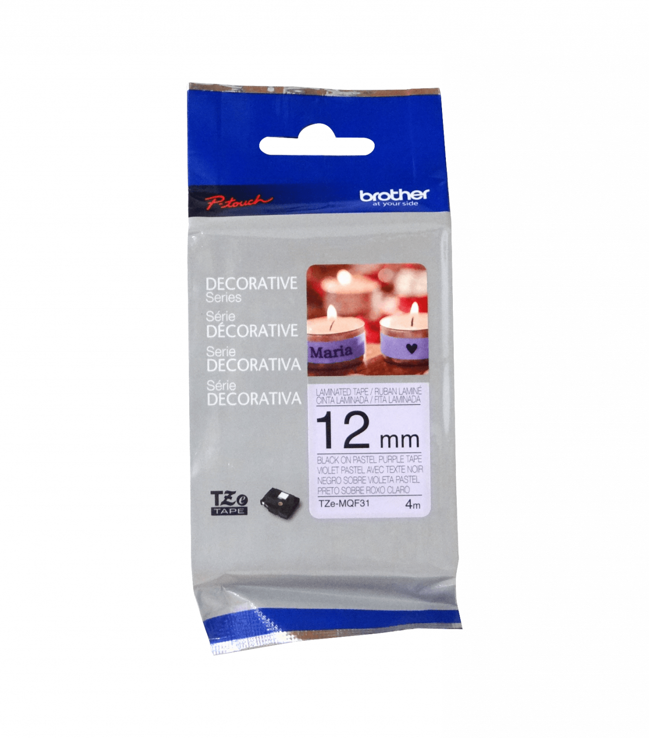 TZE-MQF31 BROTHER Cinta laminada de 12 mm, impresión negra sobre fondo color mora pastel, longitud de 4 metros, compatible con equipos PT-H110, E110 y H200