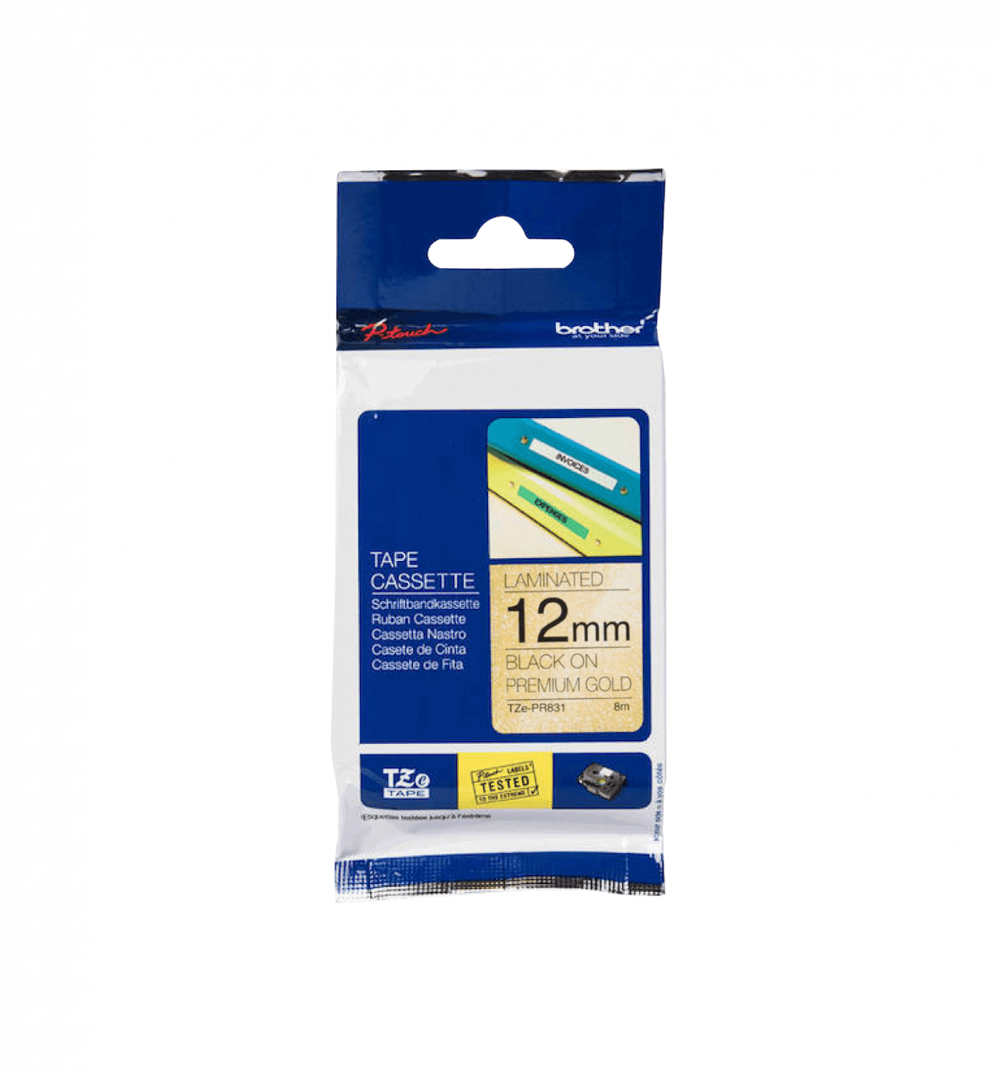 TZE-PR831 BROTHER Cinta de 12mm con Purpurina Negra sobre Base Dorada 8m para Rotuladores PT-H110/E300