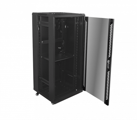 RK27-6L LINKMADE Armario Rack de Vidrio 27U con 600mm de Fondo, Turbina, PDU y Bandeja en Negro