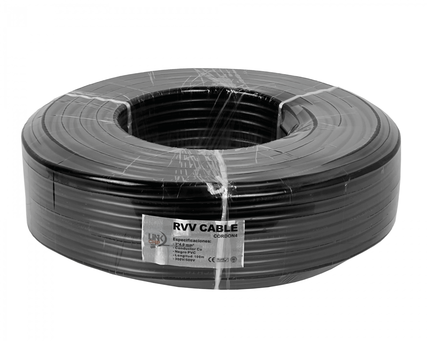 CORDON4 cable eléctrico negro RVV de 3 conductores por 4,0mm, bobina de 100 metros, soporte de 18 a 26 amperios, sección 3x4.0mm