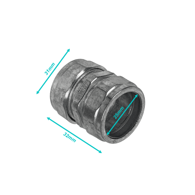 EMT25-UC Acoplador de Compresión Recto de 25mm en Acero Zincado para Tubería Conduit EMT de 25,0mm
