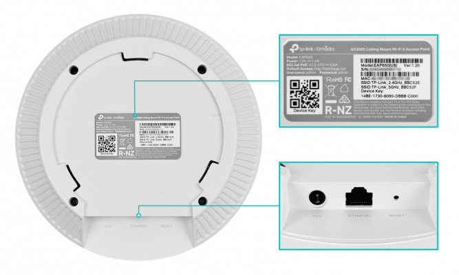 EAP650 TP-LINK Punto de Acceso AX3000 1 Puerto 1000Mbps Wifi6 2402/574Mbps Doble Banda 5/2.4GHz Poe Techo incl-12V