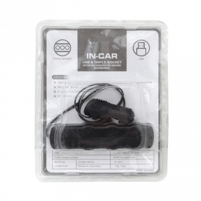 WF-0120 Adaptador 3-Tomas-Hembra Vehicular 1-Puerto-USB-Hembra-AH 5VDC 0,5A 12V/24V-Enchufe-Encendedor