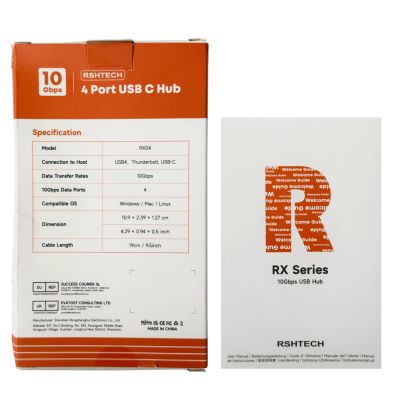 HUB-USBC4 Hub Type-C 10gbps 1-USB-CM 4-USB-CH Aluminio Cable-15cm UCH803