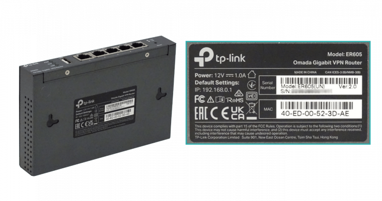 ER605 Router Omada TP-LINK con puertos WAN/LAN de 5 a 1000 Mbps y puerto USB para WAN, incluye fuente de alimentación de 12V/1A