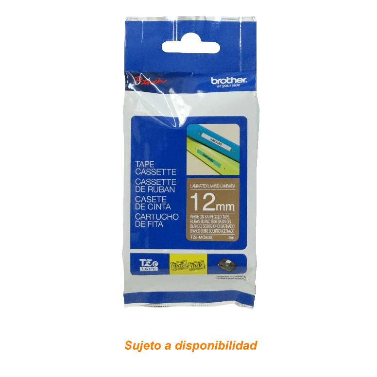 TZE-MQ835 BROTHER Cinta de 12mm Blanco sobre Fondo Oro Satinado 5 metros para PT-H110/E300