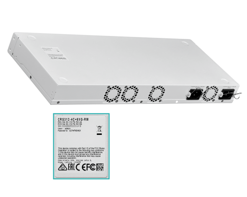 CRS312-4C+8XG-RM Switch MIKROTIK que requiere 2 cables C13 con 8 puertos de 10G, 4 puertos combo SFP+ de 10G y 1 puerto de consola con sistema operativo de licencia nivel 5