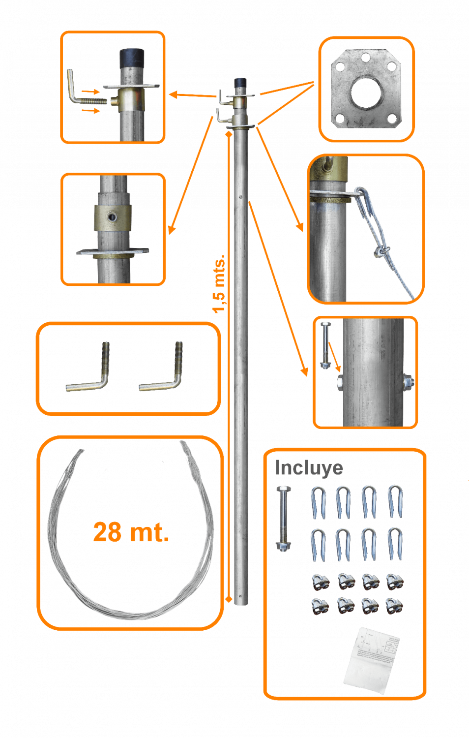 MAST-10 LINKMADE 3mt Poste Telescópico con Tensores 2-Secciones-1,5mt