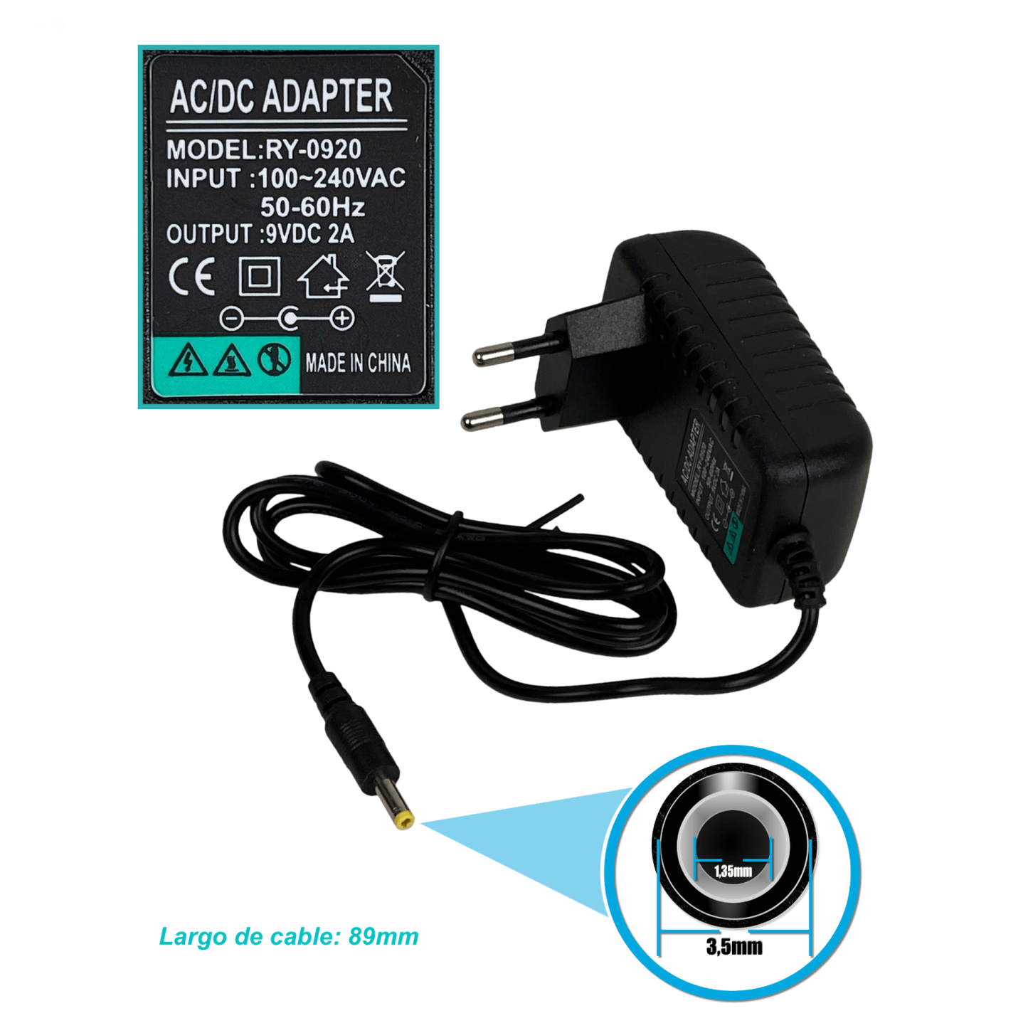 F9-W18 Adaptador de Corriente 9VDC 2A 18W 100-240VAC para Interior con Enchufe de Pared y Conector de 4mm