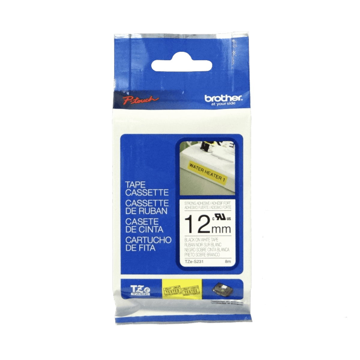 TZE-S231 BROTHER E-P 12mm Negro sobre Blanco Cinta 8 metros para PT-H110