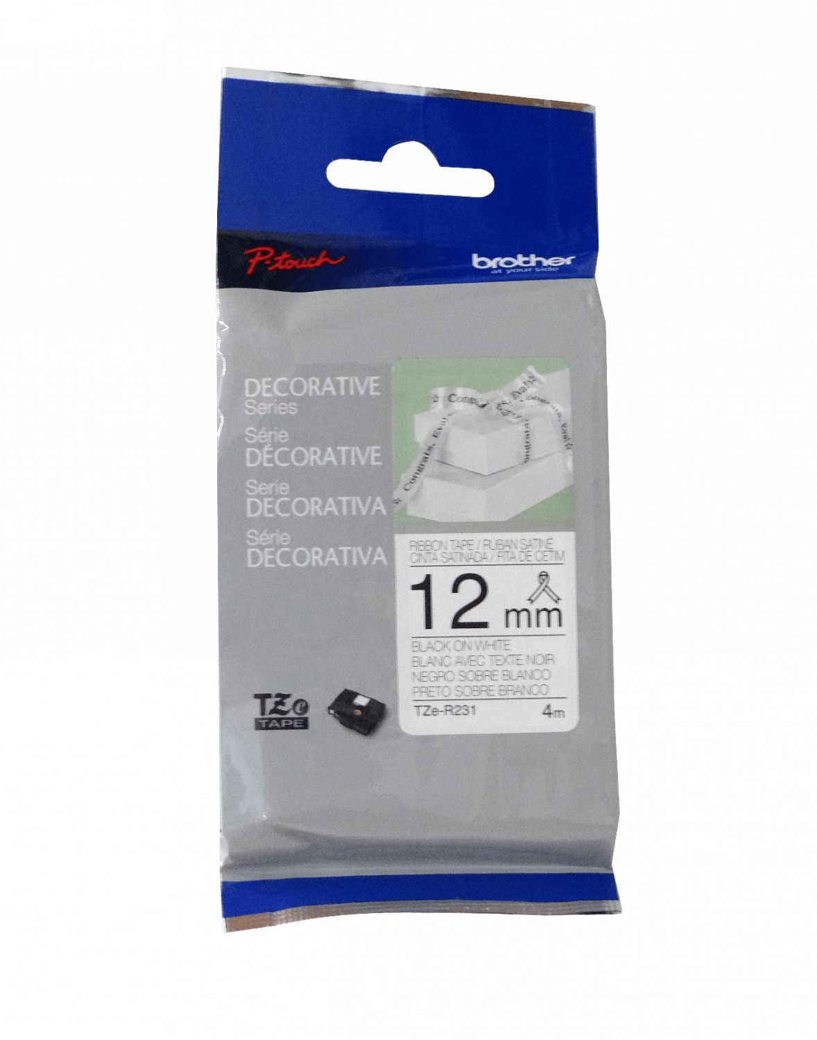 TZE-R231 BROTHER Cinta Laminada Satinada 12mm Texto Negro sobre Base Blanca 4 metros para PT-H110/H200/E300