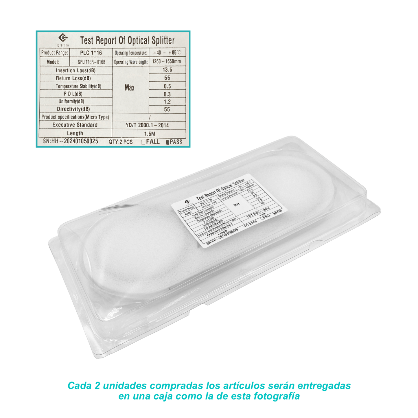 SPLITTER-16B 1x16 sin-Conectores Divisor p/EPON/GPON 1,5m req-Fusion 1260-1650mm