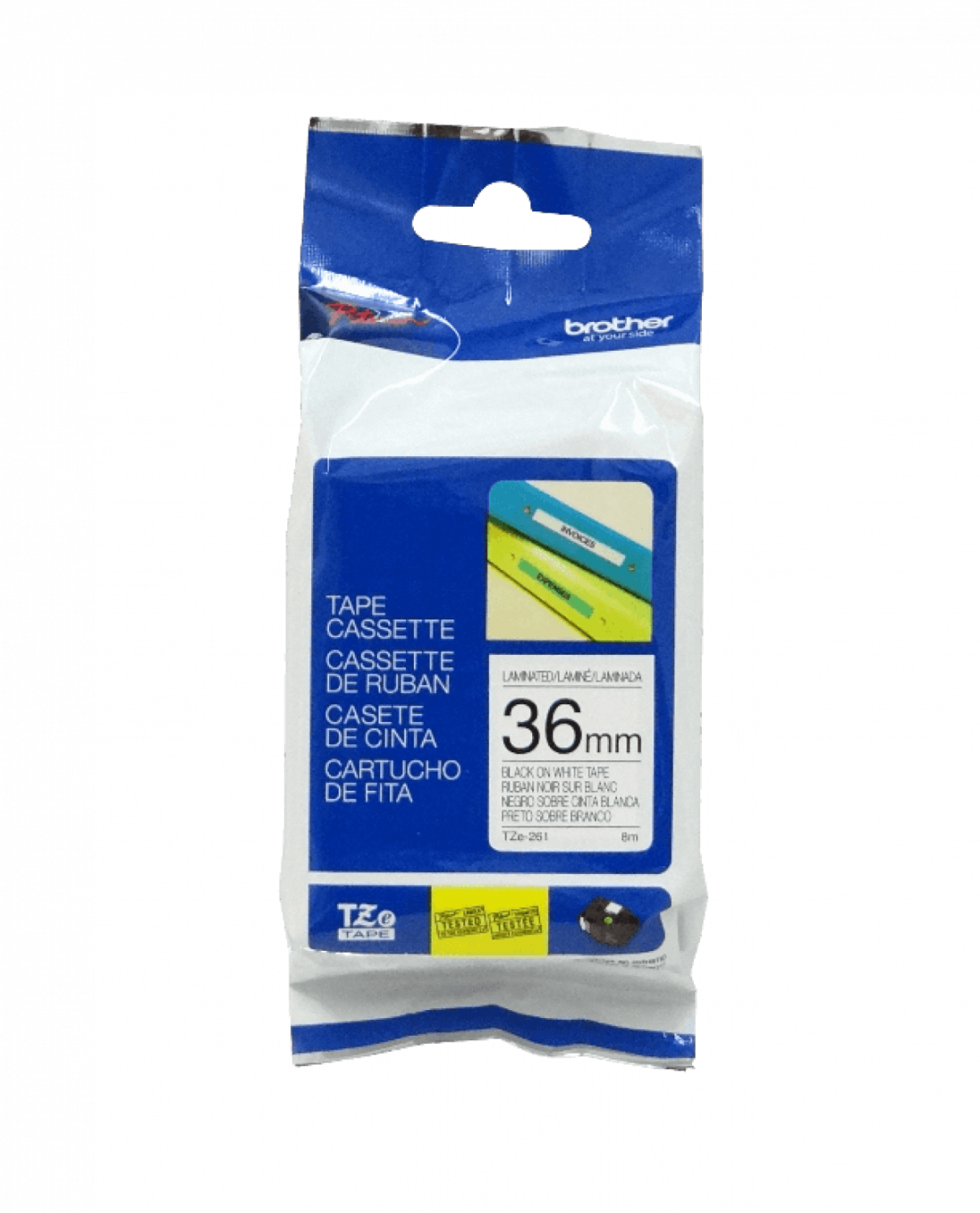 TZE-261 BROTHER 36mm Negro en Fondo Blanco Cinta 8mt p/PT-P900W PT-9700PC