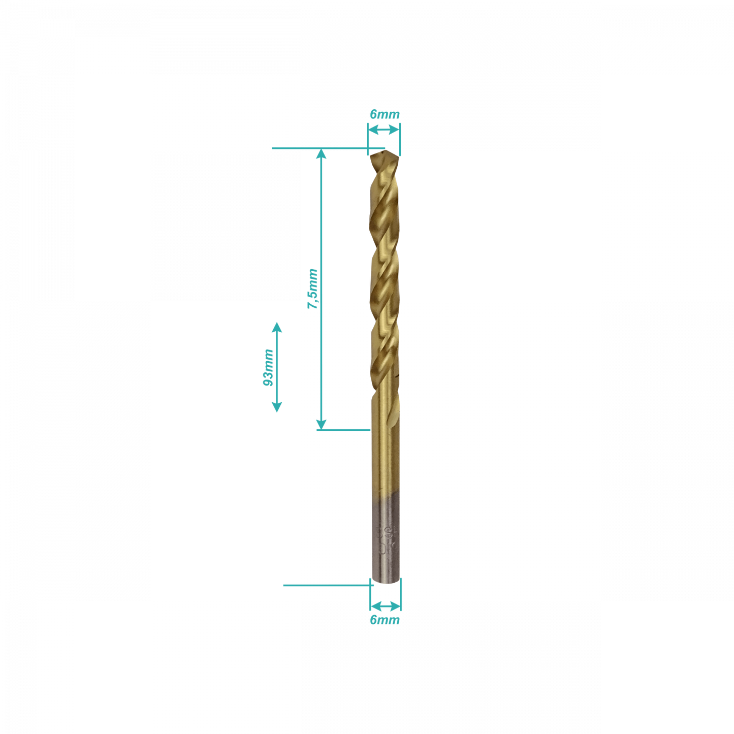 BROCA-6T Broca de 6 mm de diámetro por 93 mm de largo, fabricada en acero rápido con recubrimiento de titanio, para perforar metal