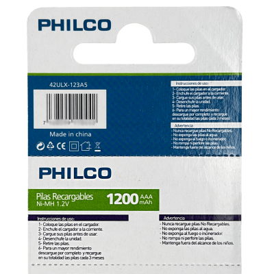 AAA-1200 PHILCO AAA 5-Pila Recargable 1200mAh 1,2V Ni-MH Precargada 42ULX-123A5
