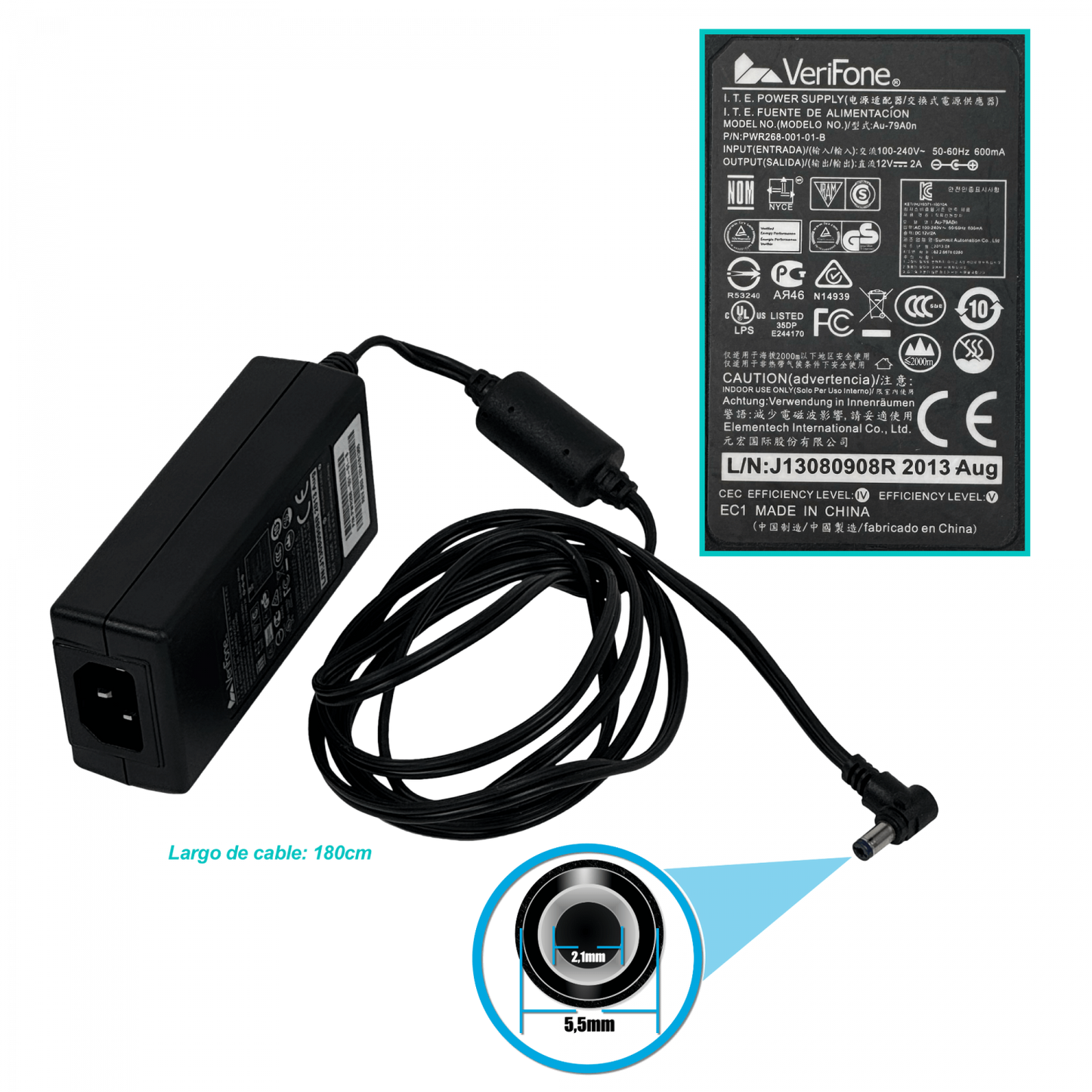 F12-2C Fuente de alimentación conmutada de 12V 2A y 24W con clavija de 5,5x2,5mm y cubierta interior de plástico
