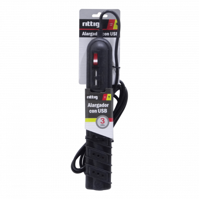 ELG-35NU RITTIG Negro 5-Tomas 2-USB5V Extensión 3metros 10A-250V 2200W Luz Piloto-Interruptor