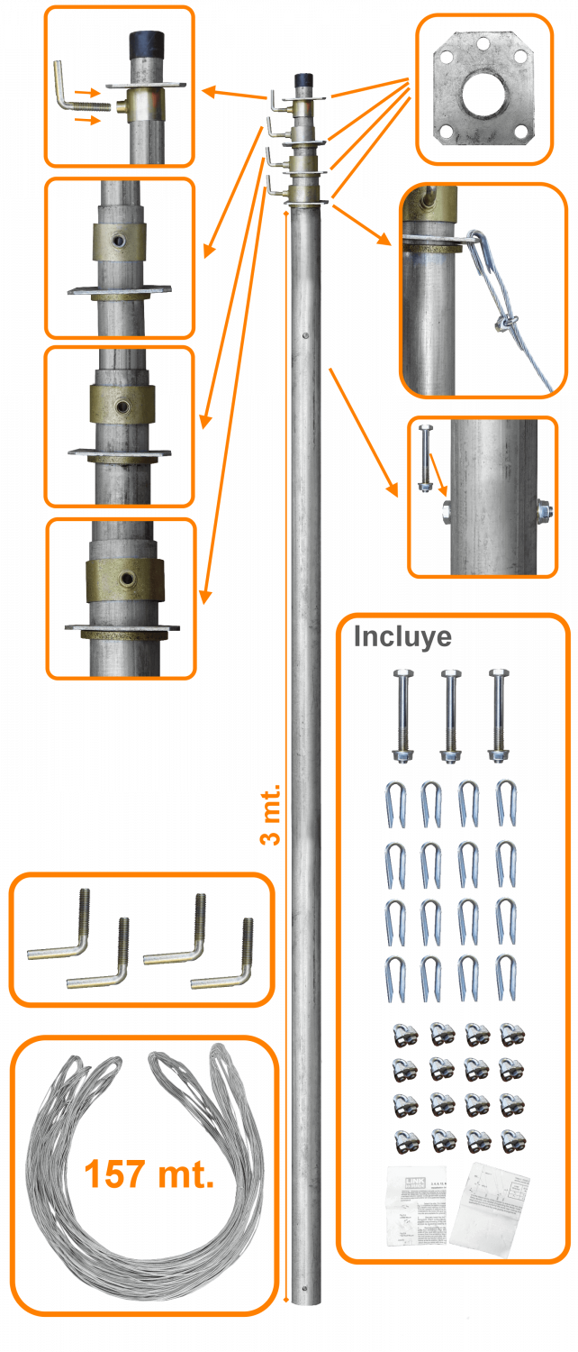 MAST-40 LINKMADE 40pies 12mt Mastil Telescopico con Vientos 4-Tubos-3mt
