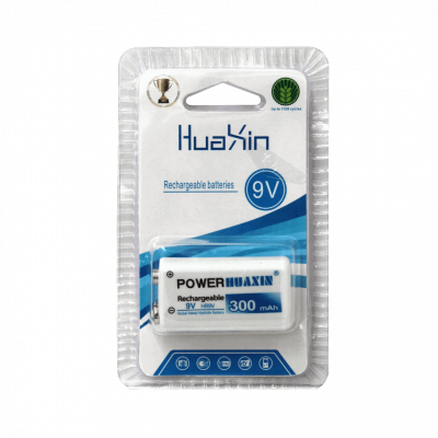 9V-300 HUAXIN Batería recargable de 9 voltios Capacidad 300 miliamperios-hora Tecnología Níquel-Metal Hidruro Modelo HR9V