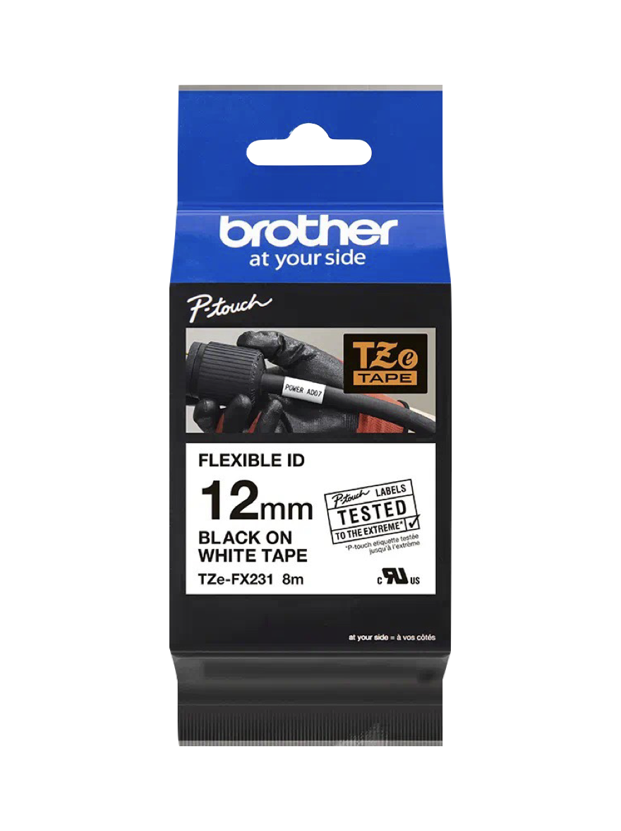 TZE-FX231 BROTHER Flexible 12mm Negro sobre Fondo Blanco Cinta 8mt p/PT-H110/E300/E550