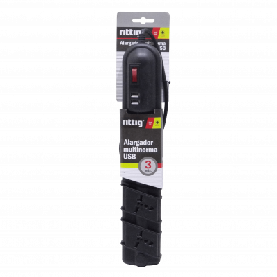 ELG-35NT RITTIG Extensión eléctrica negra 3 metros 5 tomas múltiples 2 puertos USB 5V 10A-250V 2200W con luz piloto e interruptor