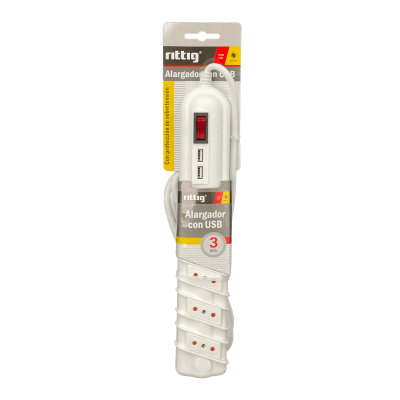 ELG-35WU Regleta RITTIG blanca 5 tomas con interruptor luminoso, 2 USB 5V, cable 3m, 10A-250V, 2200W