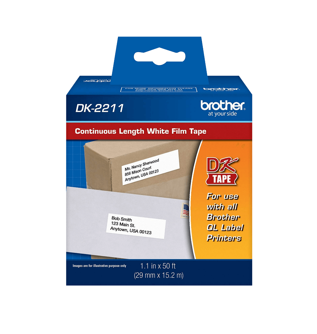 DK2211 BROTHER 29mm 15,2mt Negro sobre Blanco Continuo Plastificado Adhesivo p/QL