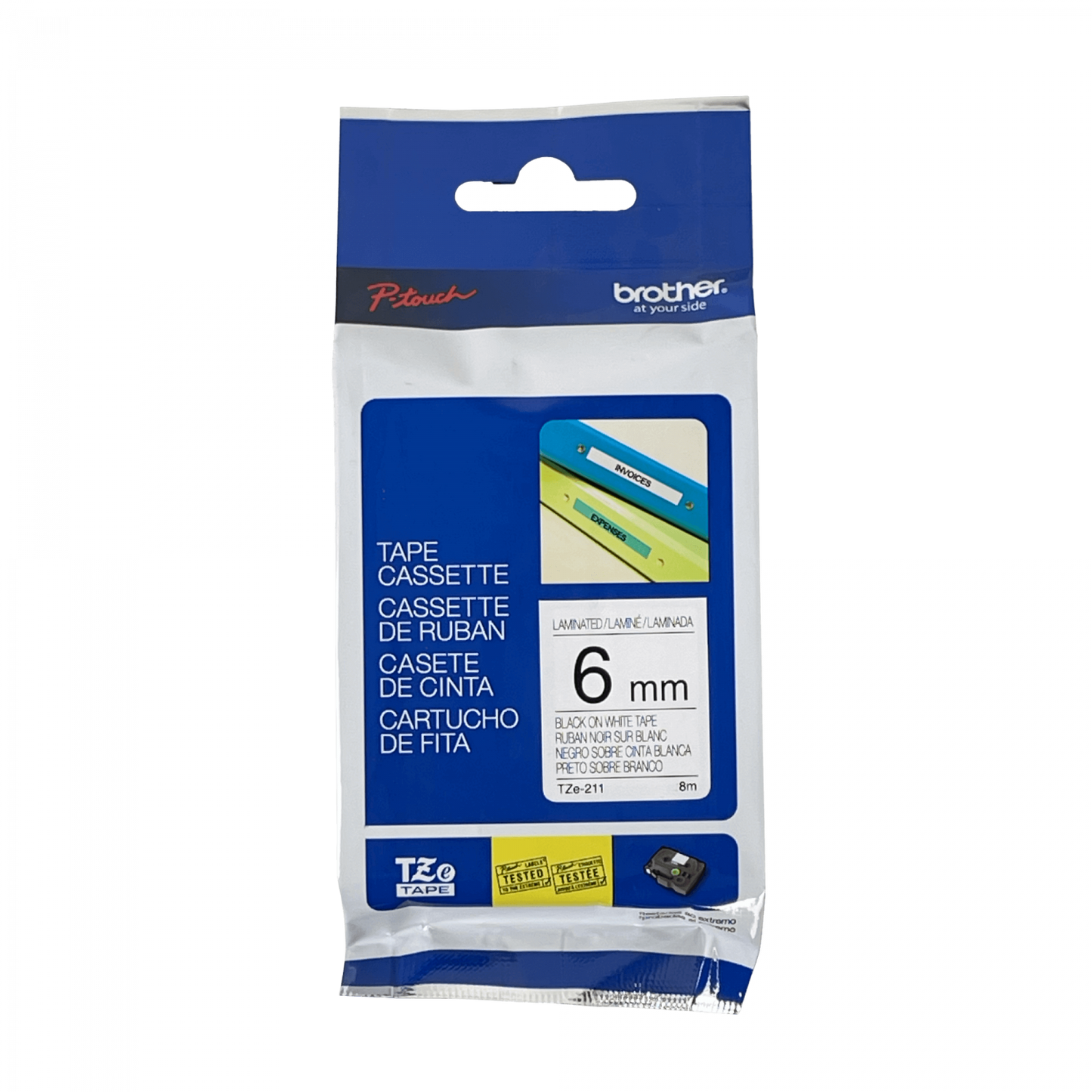 TZE-211 BROTHER 6mm Negro sobre Fondo Blanco Cinta 8mt para PT-H110/E300/E550/D600
