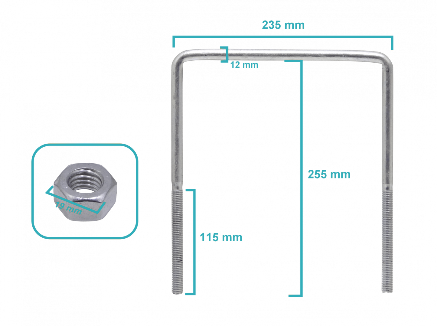 KTL0002 Sujetador de 1/2 Pulgada para Poste con Tuercas de 19mm, Dimensiones 235x255x12x115mm
