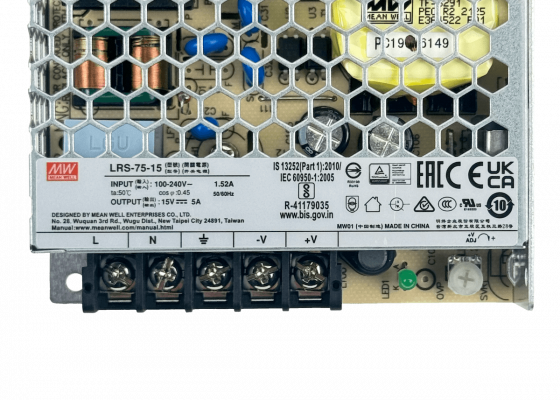 LRS-75-15 MEANWELL Fuente de Alimentación de Marco Abierto 75W, Salida 15V 5A, Entrada 100-240VAC, Voltaje Ajustable