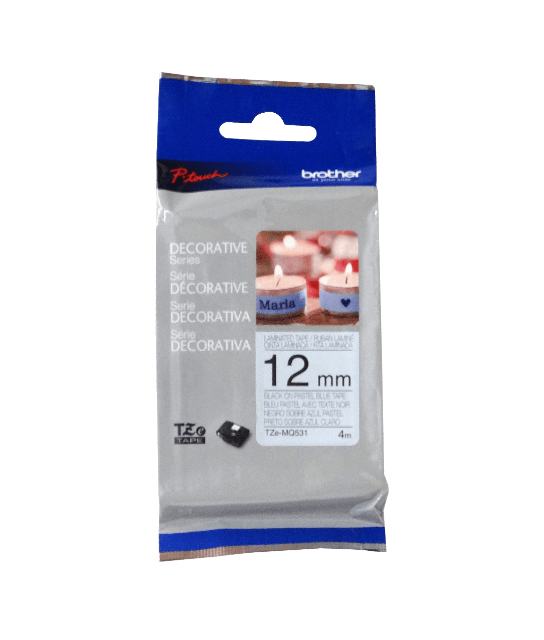 TZE-MQ531 BROTHER 12mm Negro sobre Fondo Azul Pastel Cinta 4m para PT-H110/E110/H200