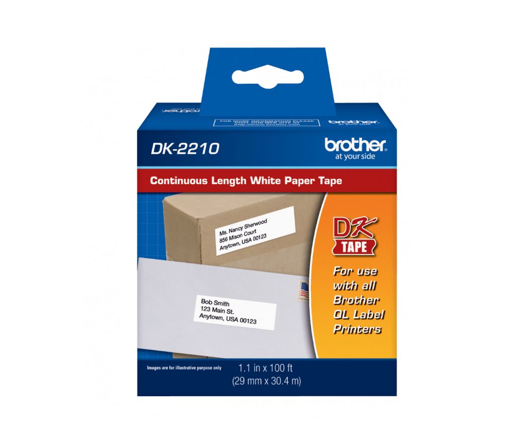 DK2210 BROTHER 29mm x 30,4mt Negro sobre Blanco Papel-Continuo Adhesivo p/QL