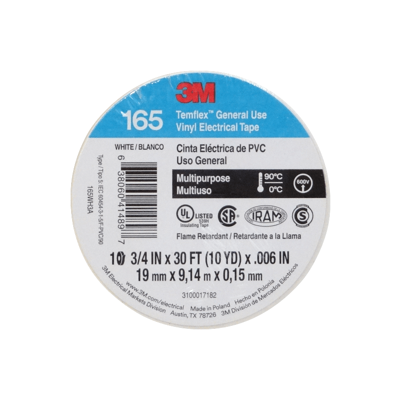 TEMFLEX-9W 3M 9mt 165 Natural Banda Cinta Adhesiva Aislante PVC 19mm 0,15mm 600V 90ºC