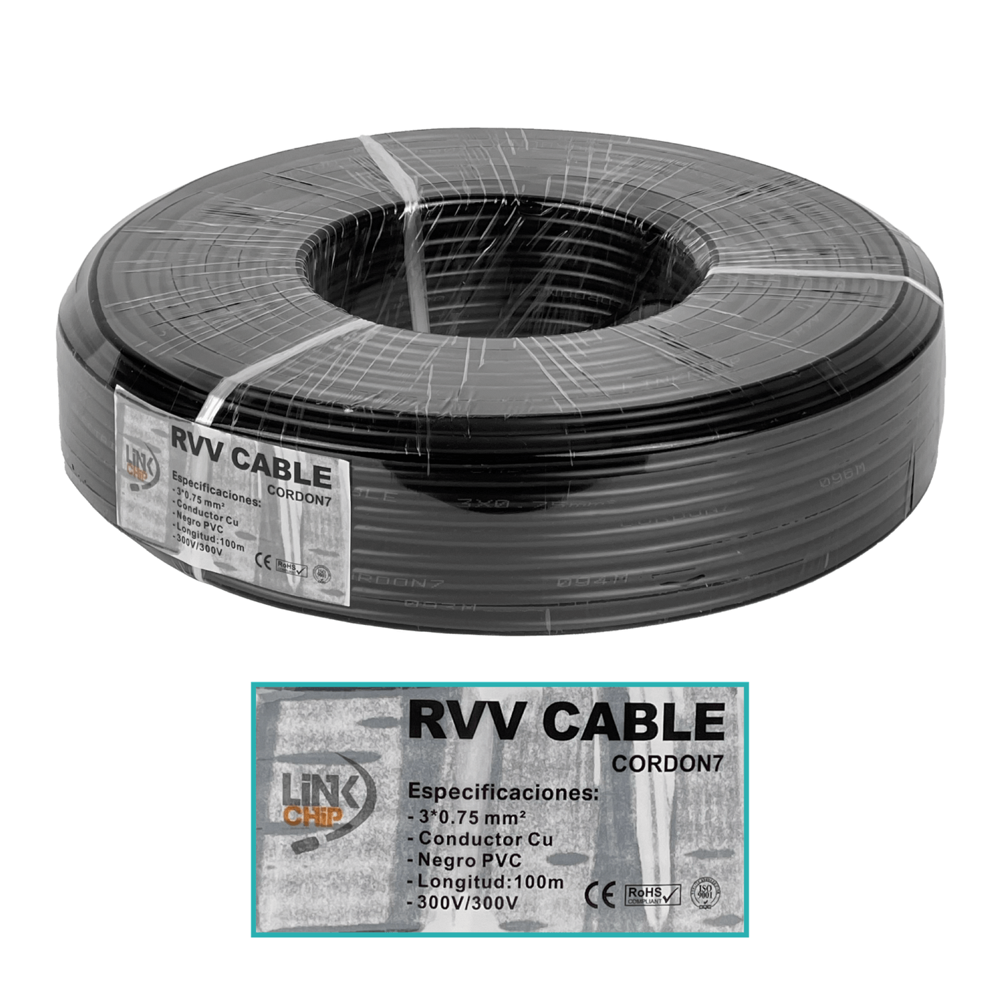 CORDON7 Cable Eléctrico Flexible RVV 3x0,75mm PVC Negro 100 metros para 4-6 Amperios