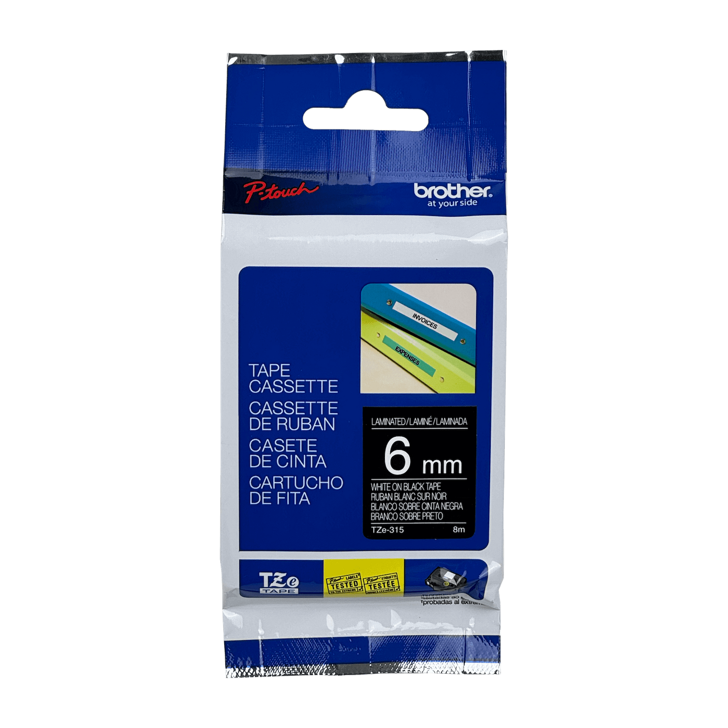 TZE-315 Cinta de 8 metros BROTHER de 6 mm de ancho, impresión blanca sobre fondo negro, compatible con equipos PT-H110, E300, E550 y D600