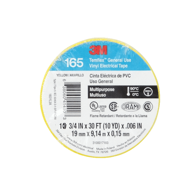TEMFLEX-9M Cinta Aislante Eléctrica de PVC 3M 9 metros Amarilla 19mm de ancho 0,15mm de espesor 600V 90ºC
