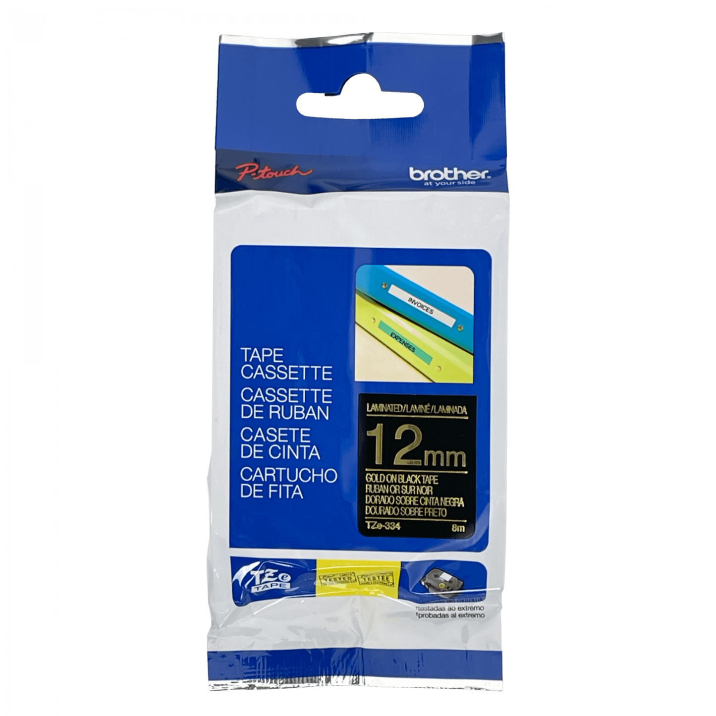 TZE-334 BROTHER 12mm Dorado sobre Base Negra Cinta 8mt para PT-H110/E300/E550/D600
