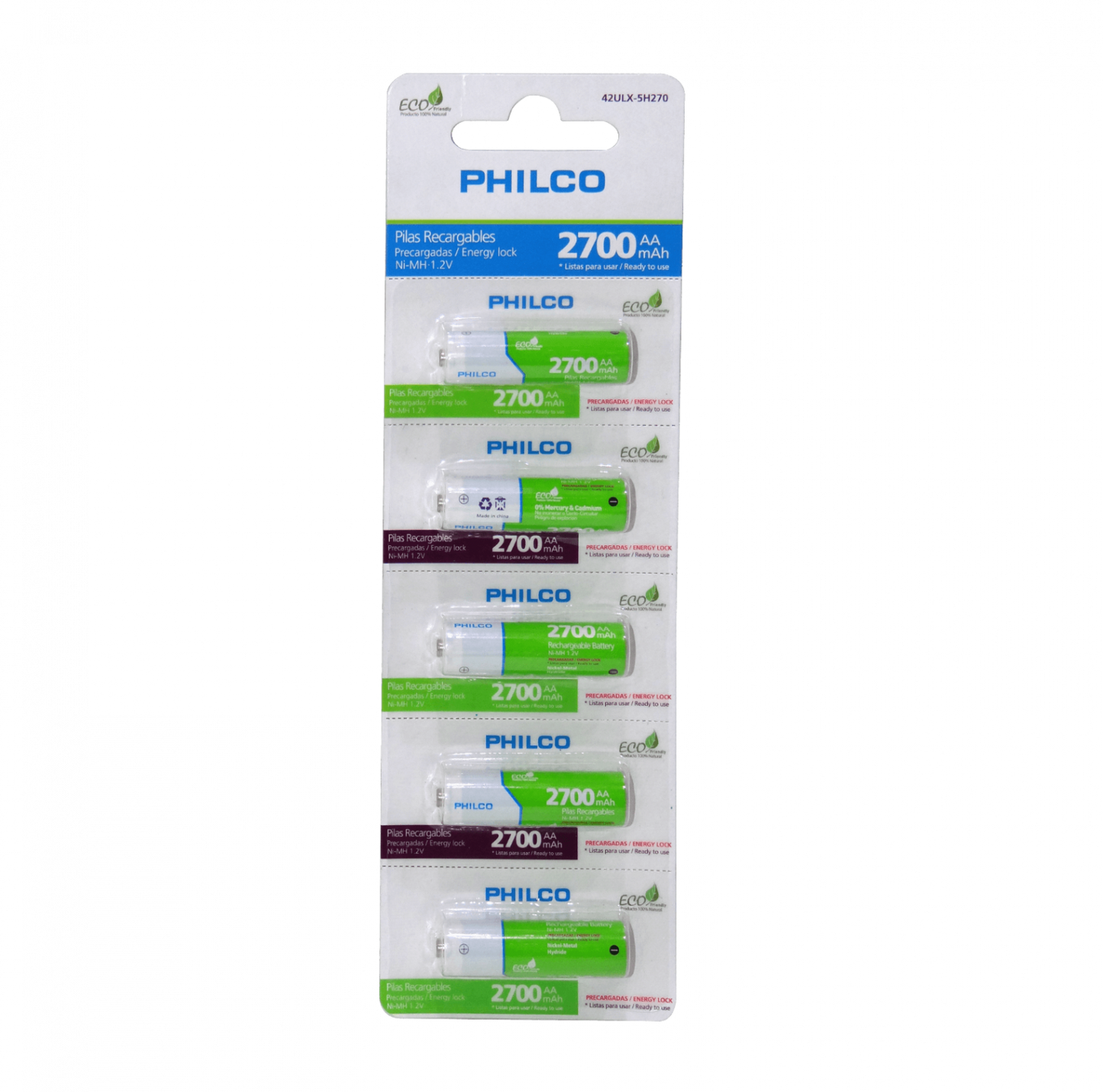 AA-2700-5 PHILCO AA 5-Pilas Recargables 2700mAh 1,2V Ni-MH Precargadas 42ULX-5H270