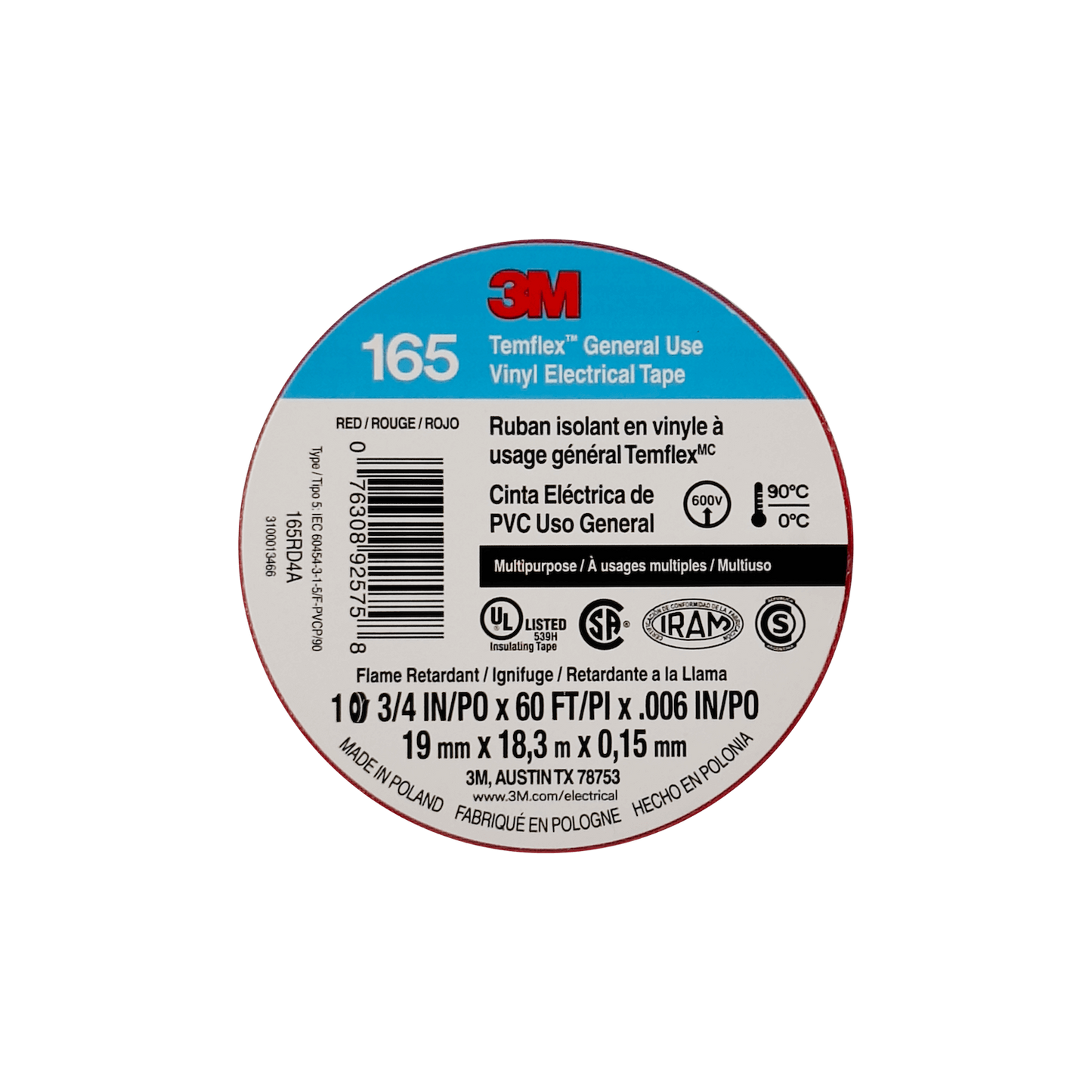 TEMFLEX-18R Cinta Aislante PVC Roja 3M 18mt 165 19mm 0,15mm 600V 0-90ºC