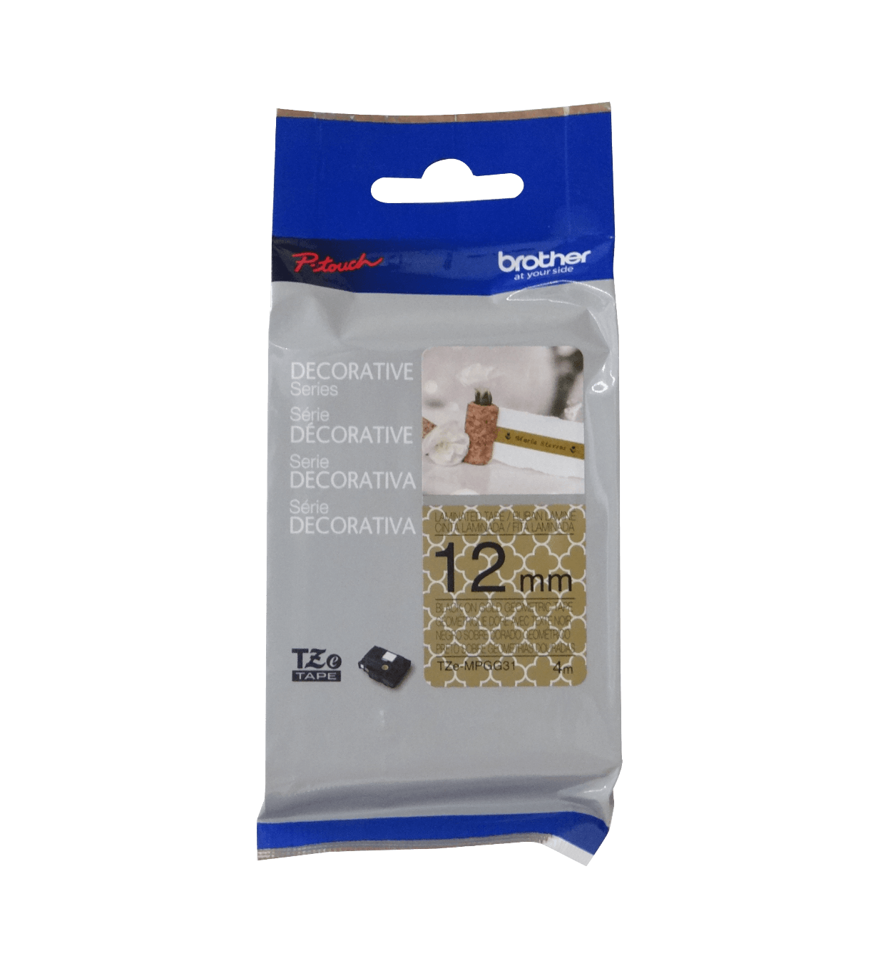 TZE-MPGG31 Cinta de 12mm con patrón negro sobre fondo dorado de 4 metros para rotuladoras BROTHER PT-H110/E300