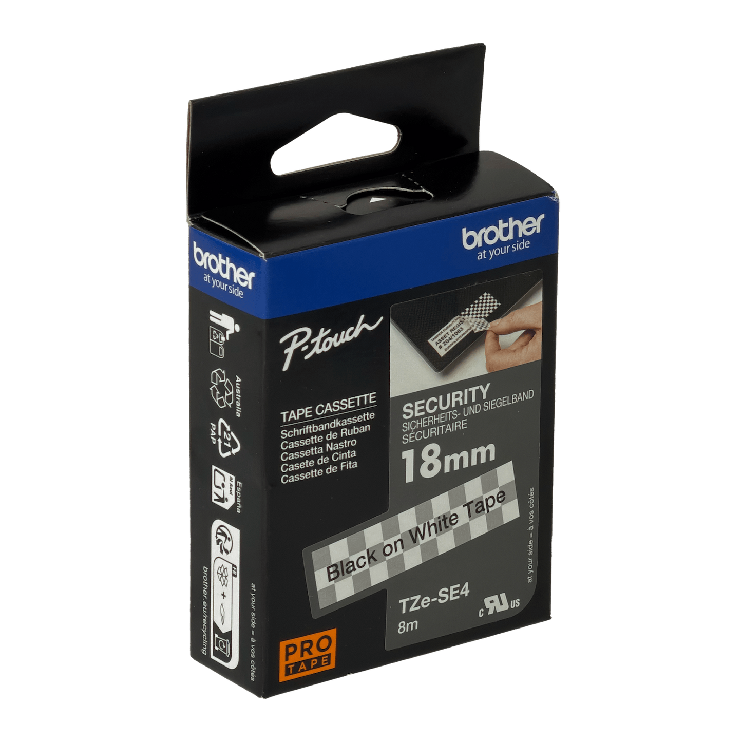 TZE-SE4 BROTHER 18mm Tamper Evident Negro en Blanco Cinta 8mt p/PT-E300VP