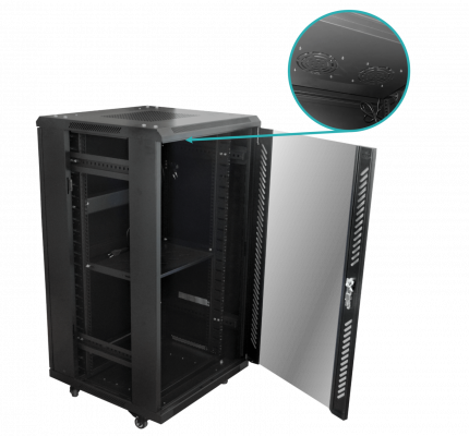 RK22-6L LINKMADE Vidrio 22U 600mm 60cm-Fondo Rack Turbina-PDU-Bandeja Negro
