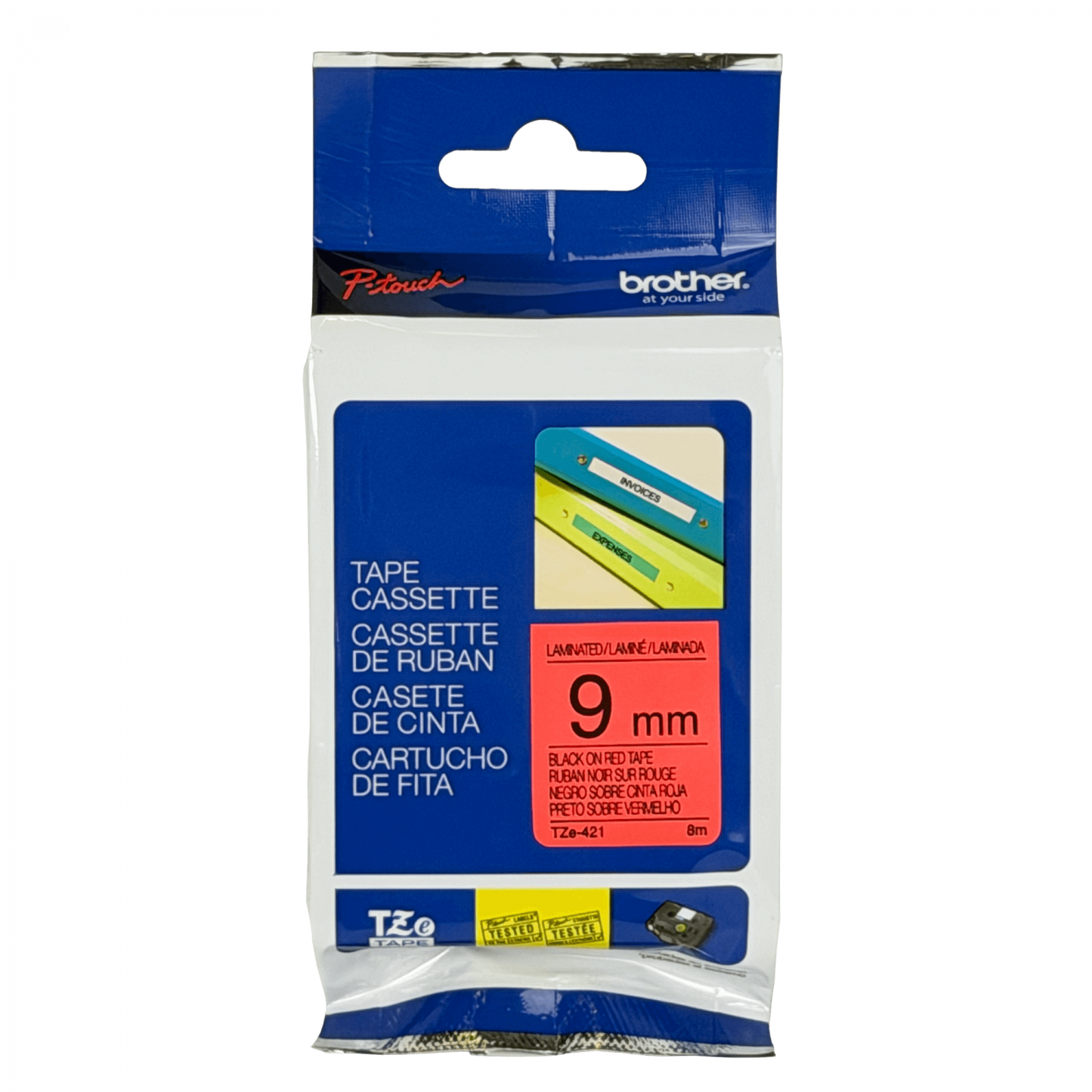 TZE-421 BROTHER Cartucho de Etiqueta 9mm Texto Negro sobre Cinta Roja Largo 8m Compatible PT-H110/E300/E550/D600