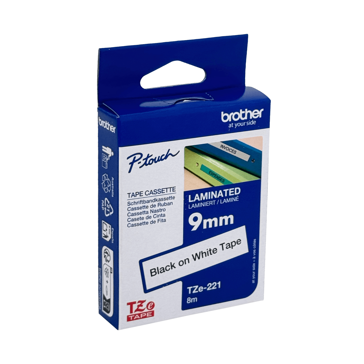 TZE-221 BROTHER 9mm Negro en Fondo Blanco Cinta 8mt p/PT-H110/9700/D600/E
