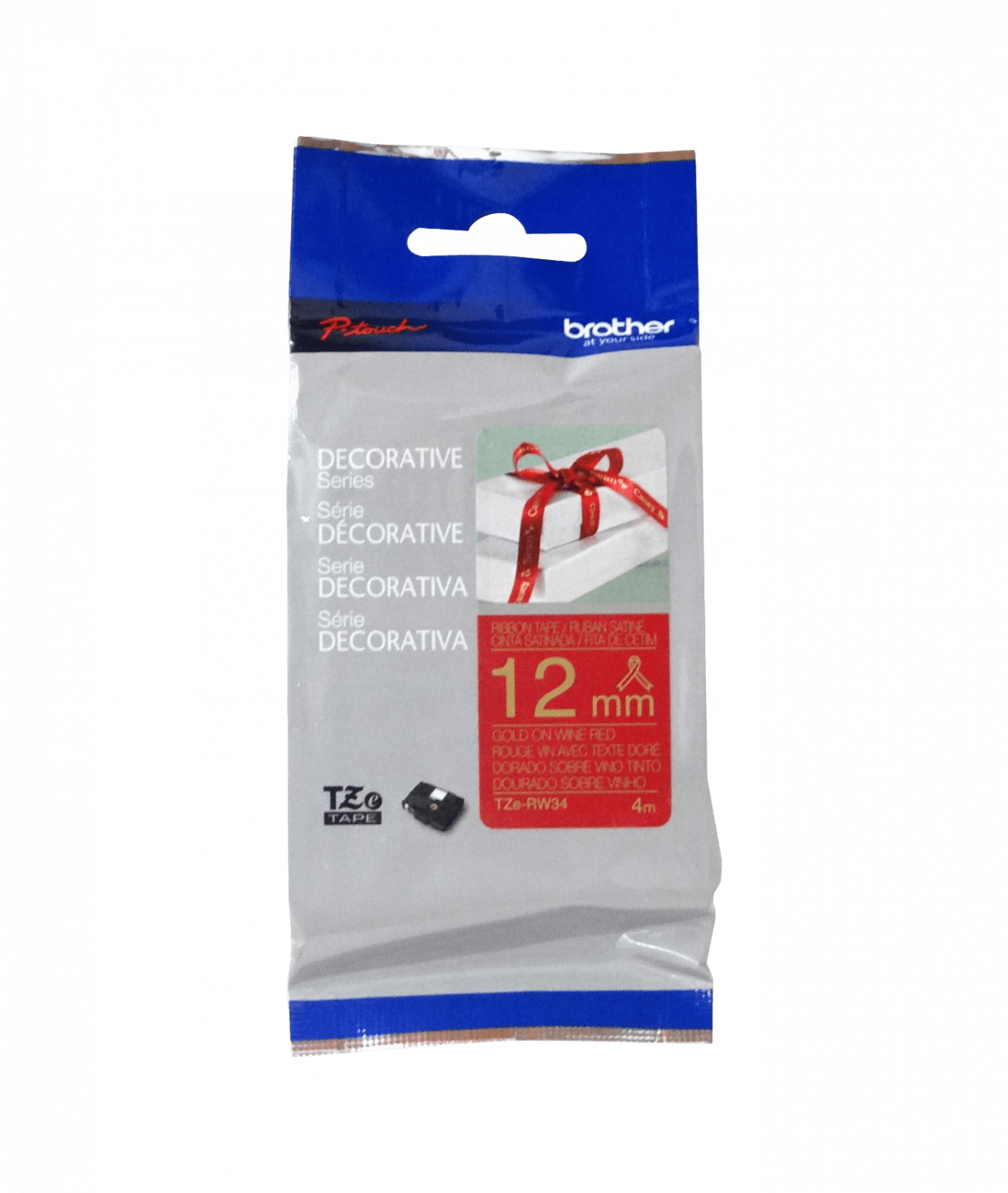 TZE-RW34 BROTHER Satinado 12mm Dorado sobre Fondo Rojo-Vino Cinta 4 metros para PT-H110/H200